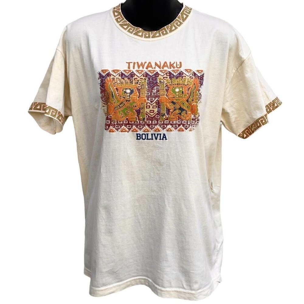 VTG 90s Tiwanaku Bolivia Ivory Short Sleeve Aztec Graphic T Men’s M Women’s XL